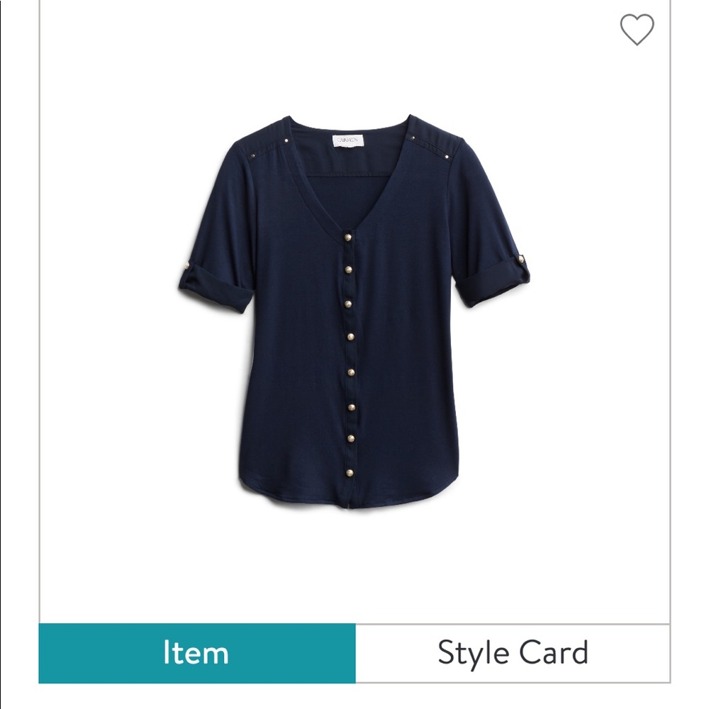 Short sleeve navy top with silver buttons